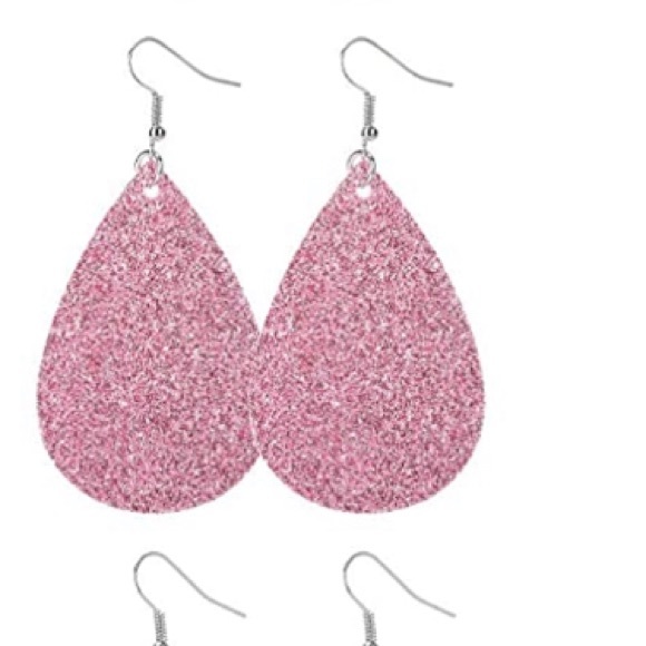Faux Leather Teardrop Pink Glitter Dangle Earrings - Picture 3 of 7